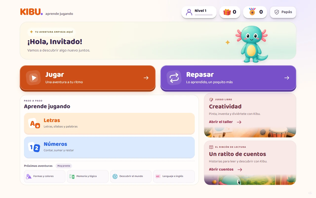 Pantalla de inicio real de KIBU: el saludo de Kibu, los botones Jugar y Repasar, las áreas de Letras y Números, el taller de creatividad y el rincón de cuentos.